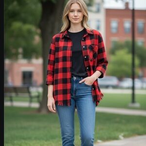 Kyla Seo Hand Made Buffalo Plaid Raw Hem Button Down Shirt XS